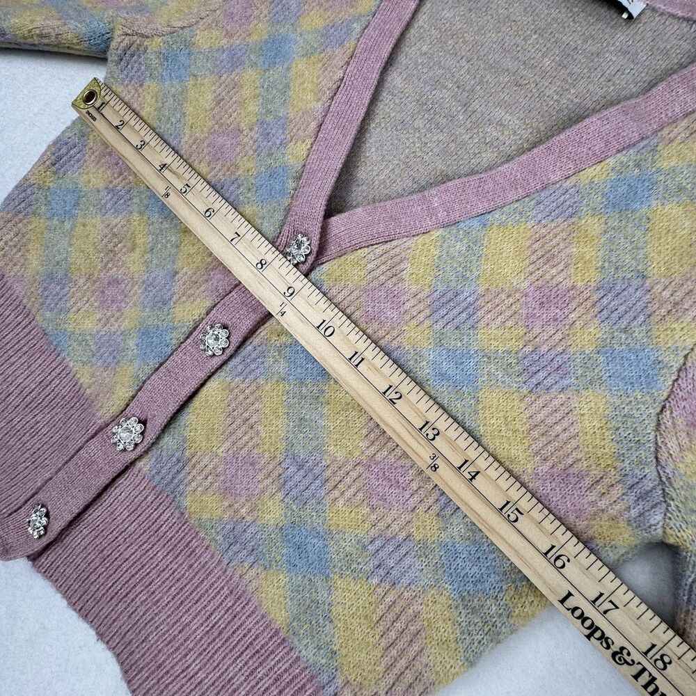 Zara Pastel Argyle Cardigan Womens S Rhinestone Button Preppy Soft Girl Academia - Picture 11 of 13